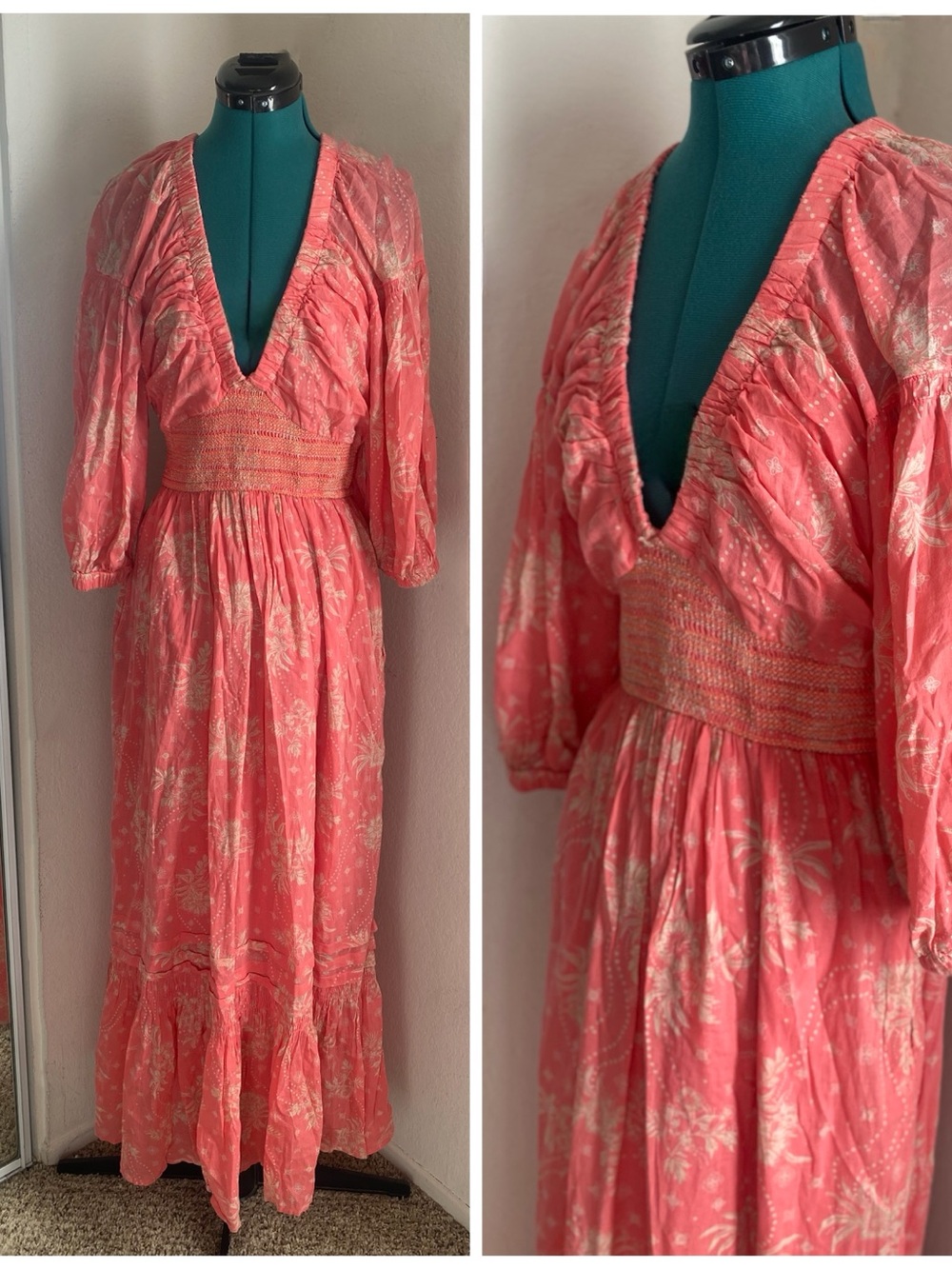 Free People Coral Pink and White Floral Maxi Dress with Smocked Waist Size M